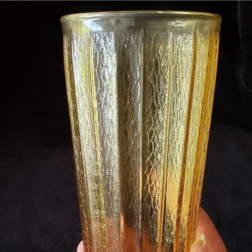 Pretty Vintage Textured Gold Pitcher and 6 Glasses